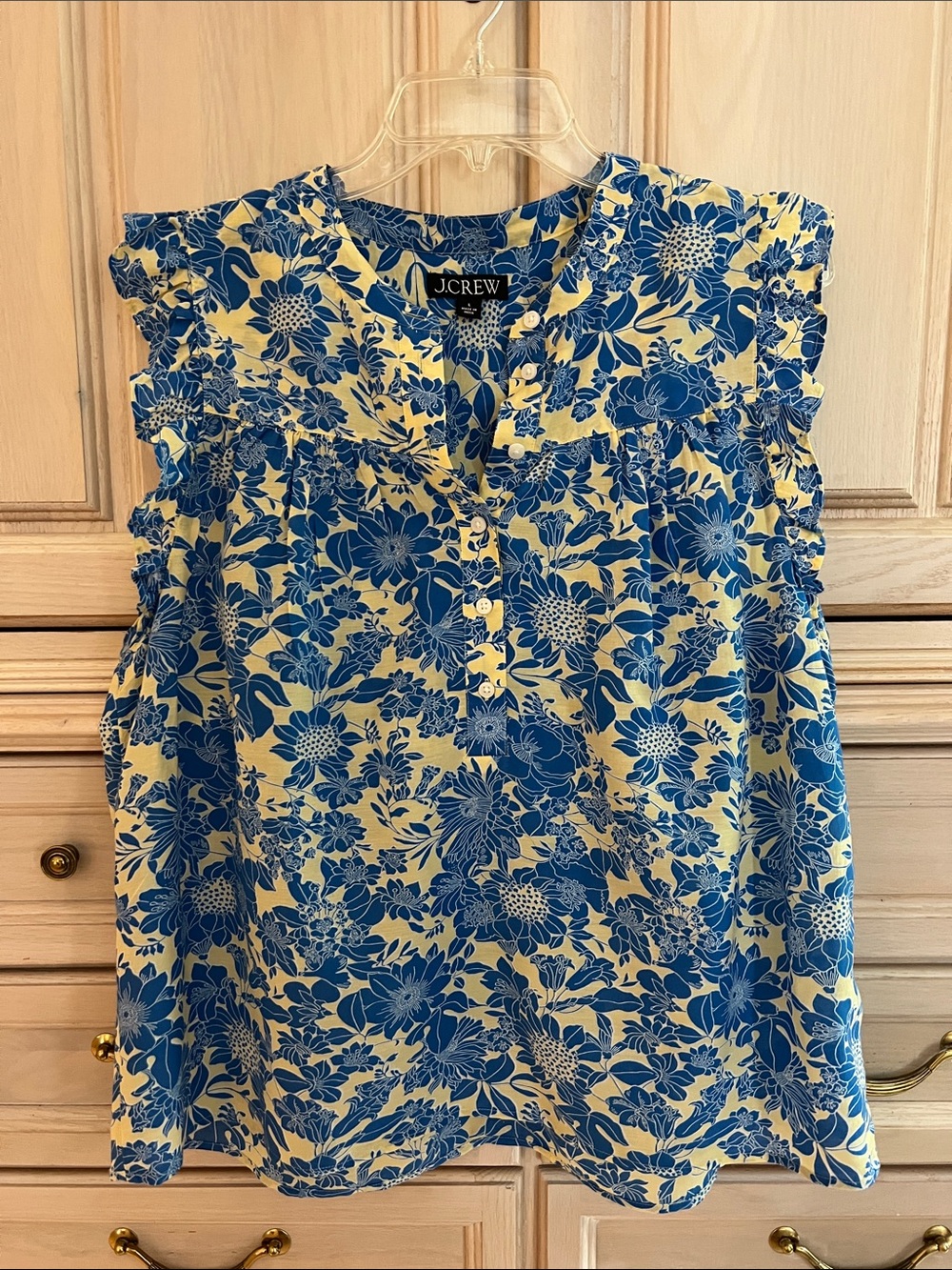 J. Crew Cream and Blue Floral Ruffle-Sleeve Blouse